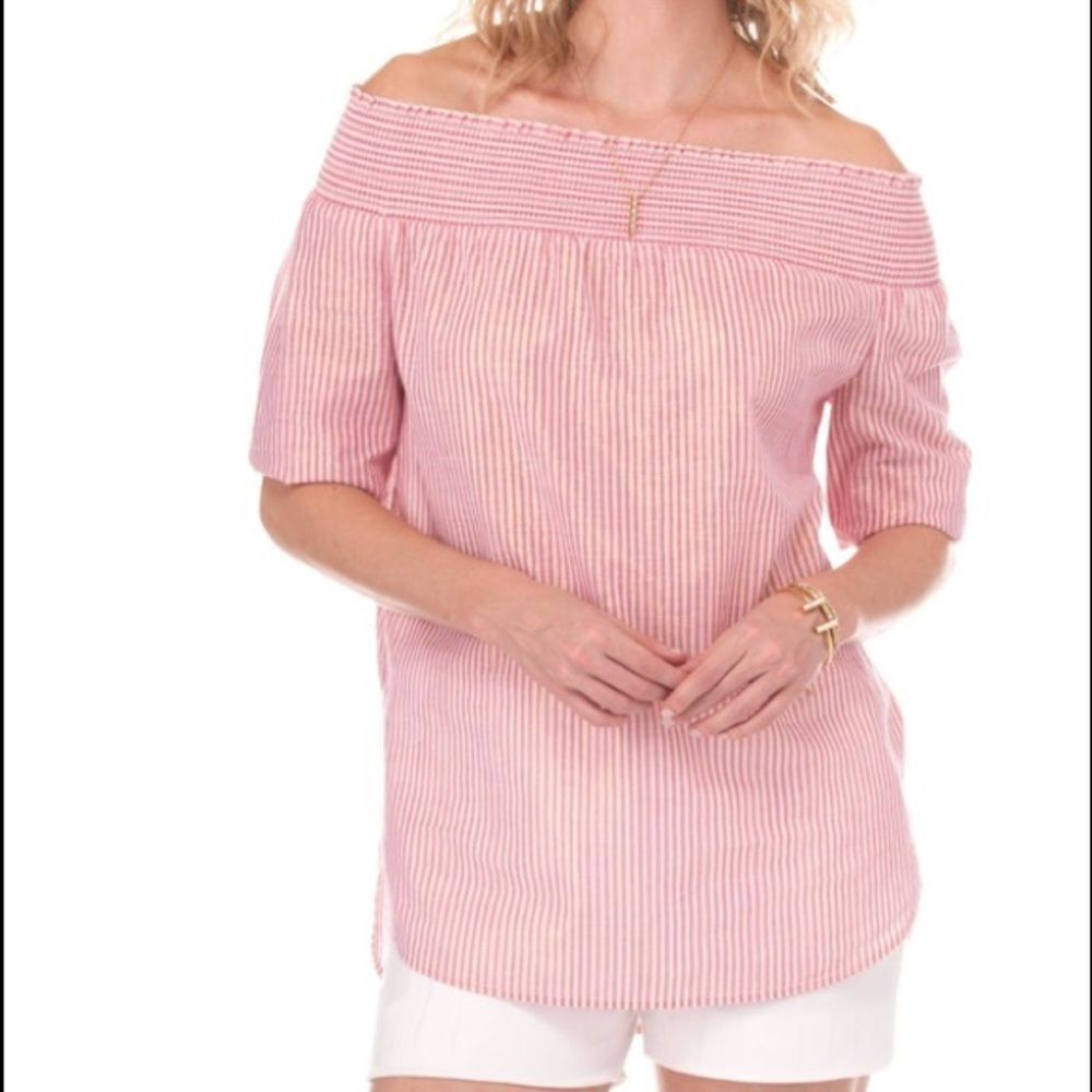 MICHAEL MICHAEL KORS orange & gold thread pinstripe off shoulder linen blend top